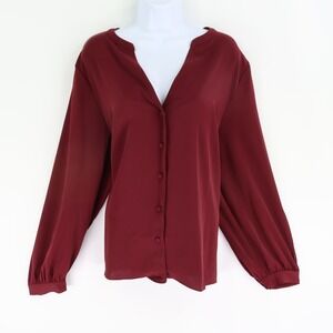 A MTL 1980 Button Up Blouse Womens Size 2X Maroon Balloon Sleeves V-Neck NWT $49